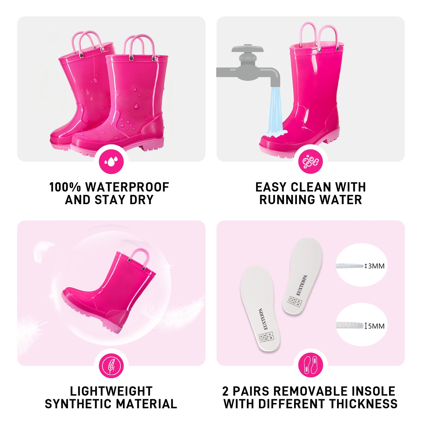 euxterpa hot pink toddler kids contrast rain boots