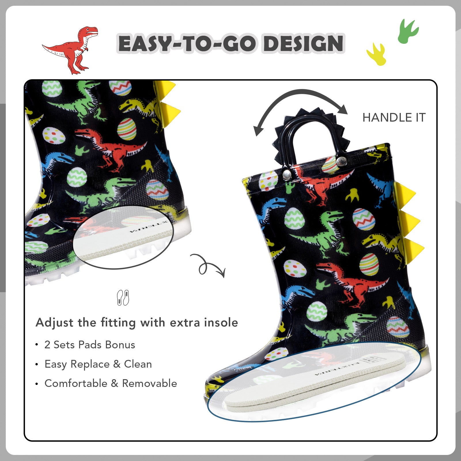 Dinosaur-patterned rain boots with a carrying bag on a white background