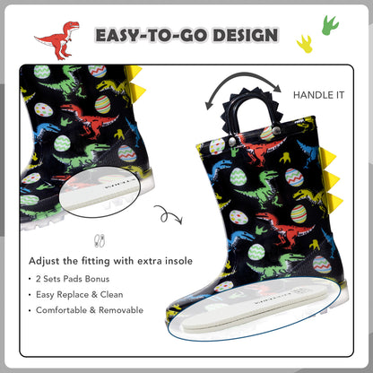 Dinosaur-patterned rain boots with a carrying bag on a white background