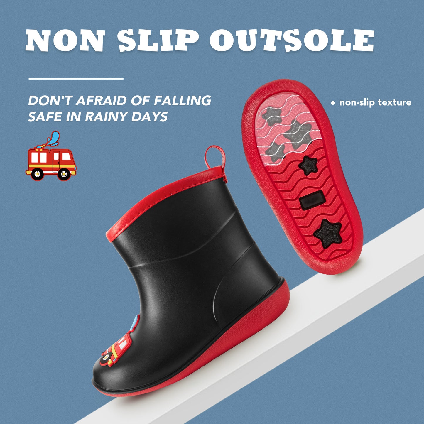kids-toddler black car cartoon kids rain boots