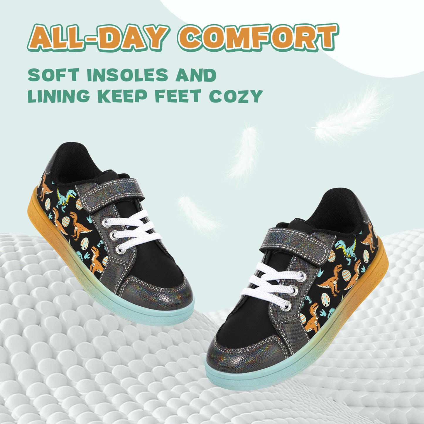 children's shoes with dinosaur pattern on a textured surface, featuring text about comfort and features.