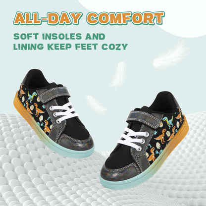 Children's shoes with dinosaur pattern on a textured surface, featuring text about comfort and features.