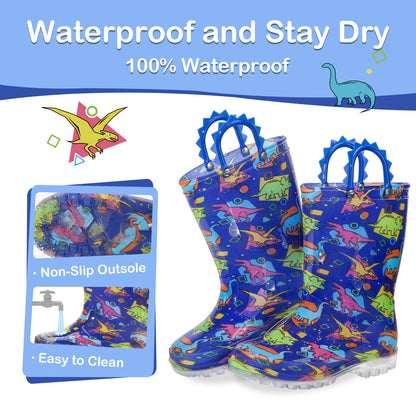 Children's dinosaur-patterned rain boots with packaging on a white background