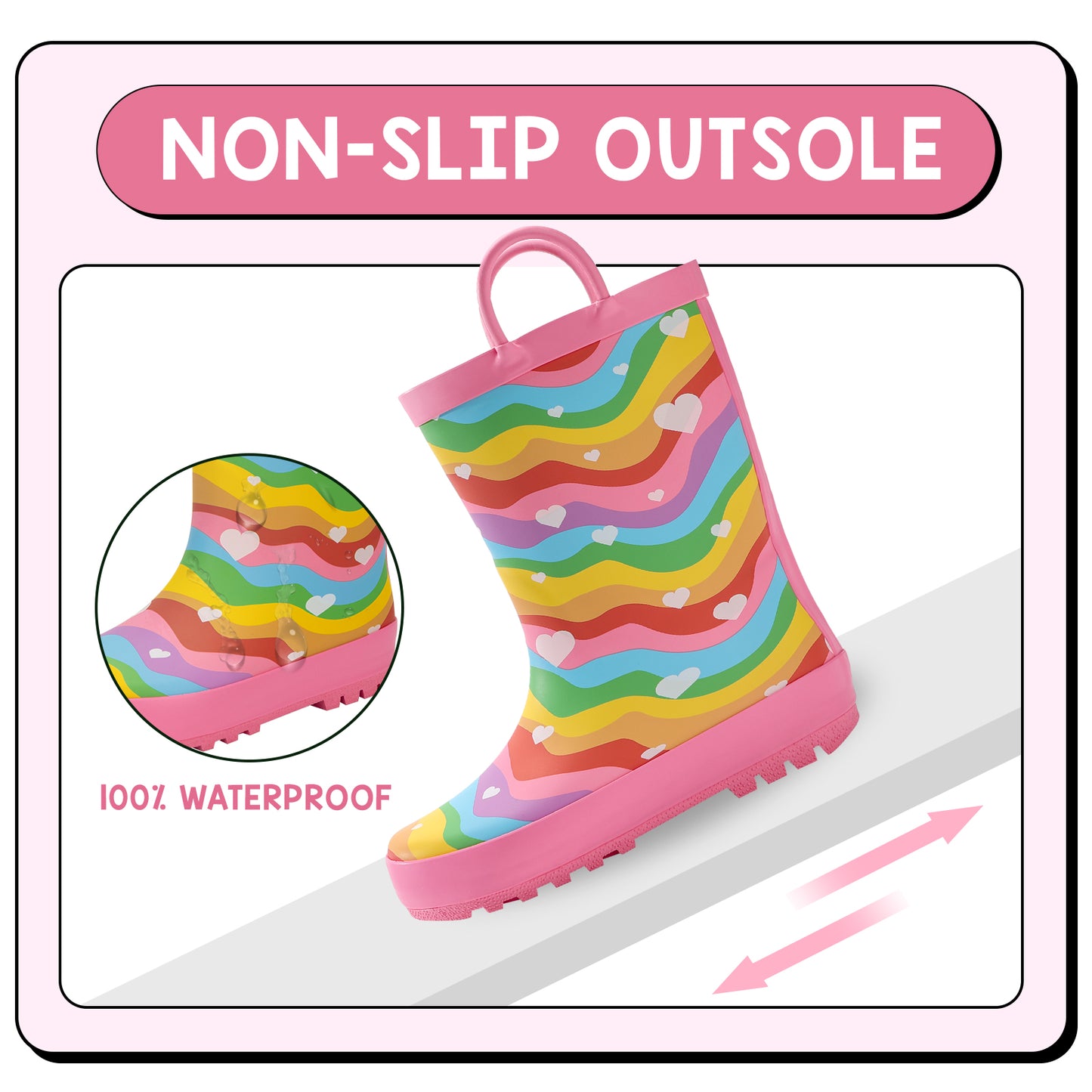 colorful rain boot with pink top and rainbow pattern on sole, featuring 'non-slip outsole' and '100% waterproof' text.