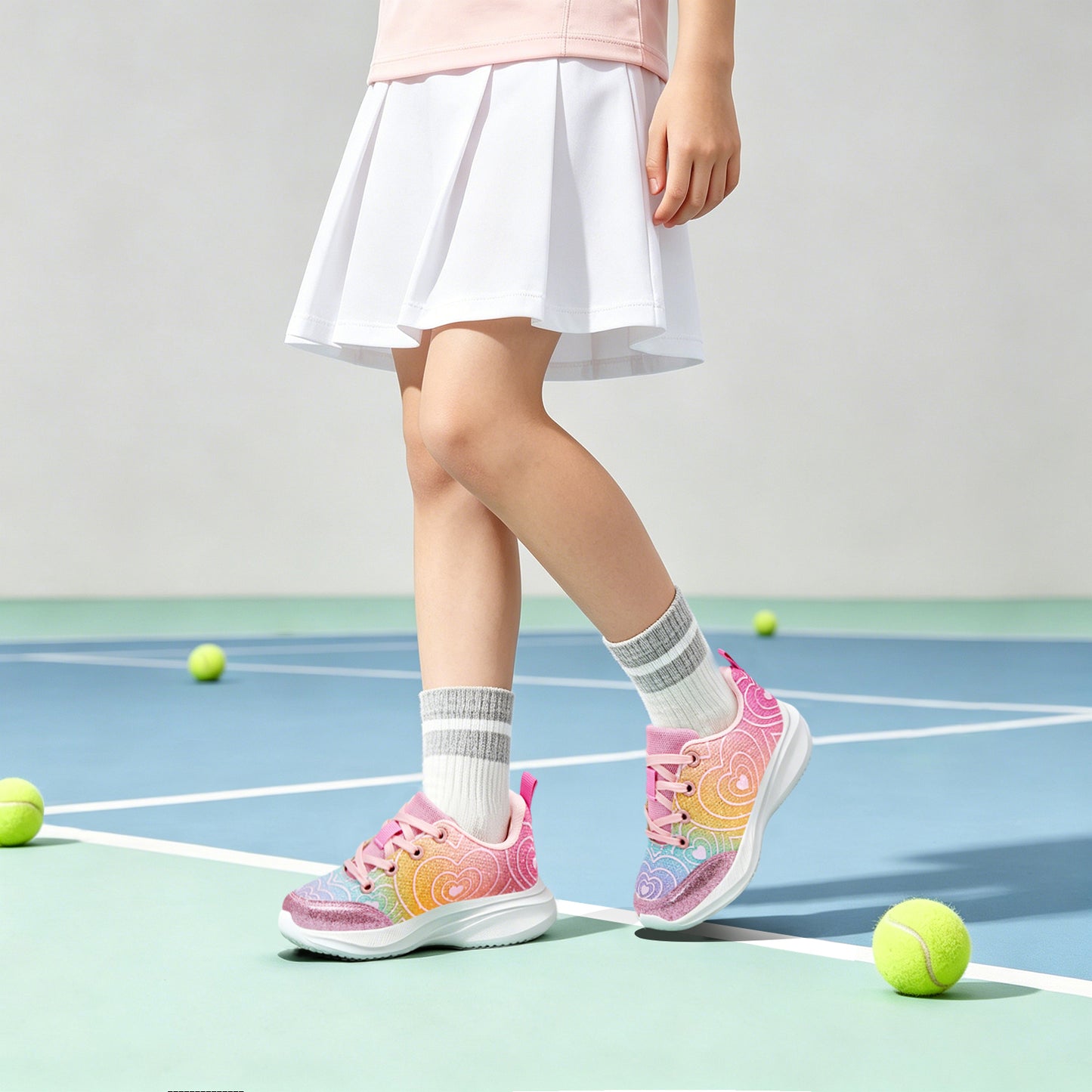 girls sneakers kids lightweight running shoes heart-pattern yellow-to-pink gradient