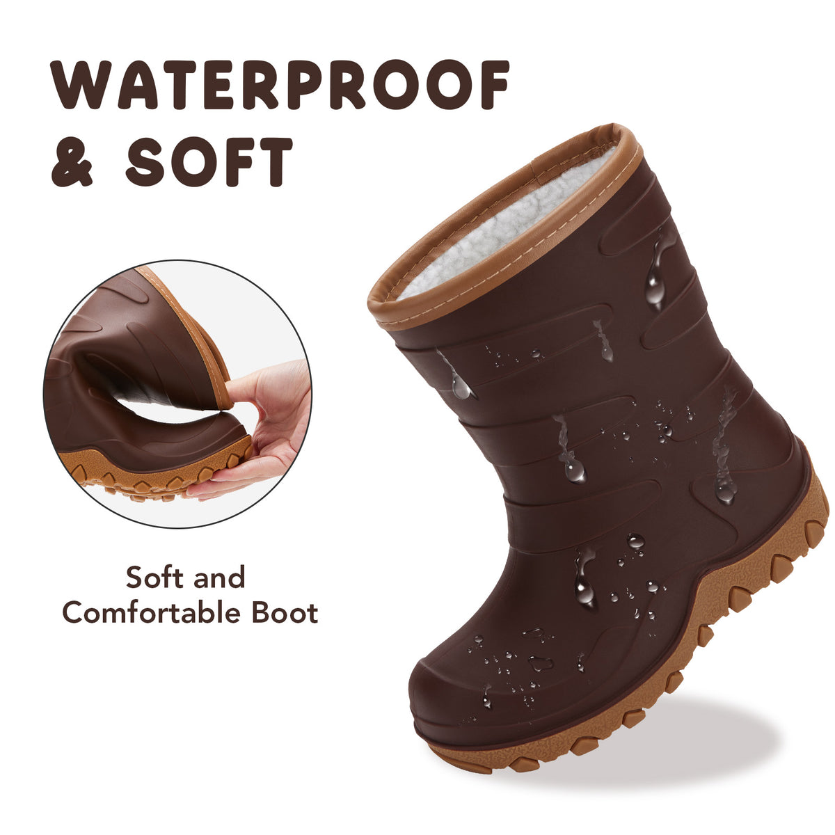 Kids Brown Winter Insulated Rain Boots - FUNCOO