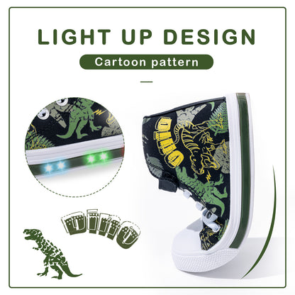 Velcro Green Dinosaur Kid Toddler Light Up High Top Sneakers