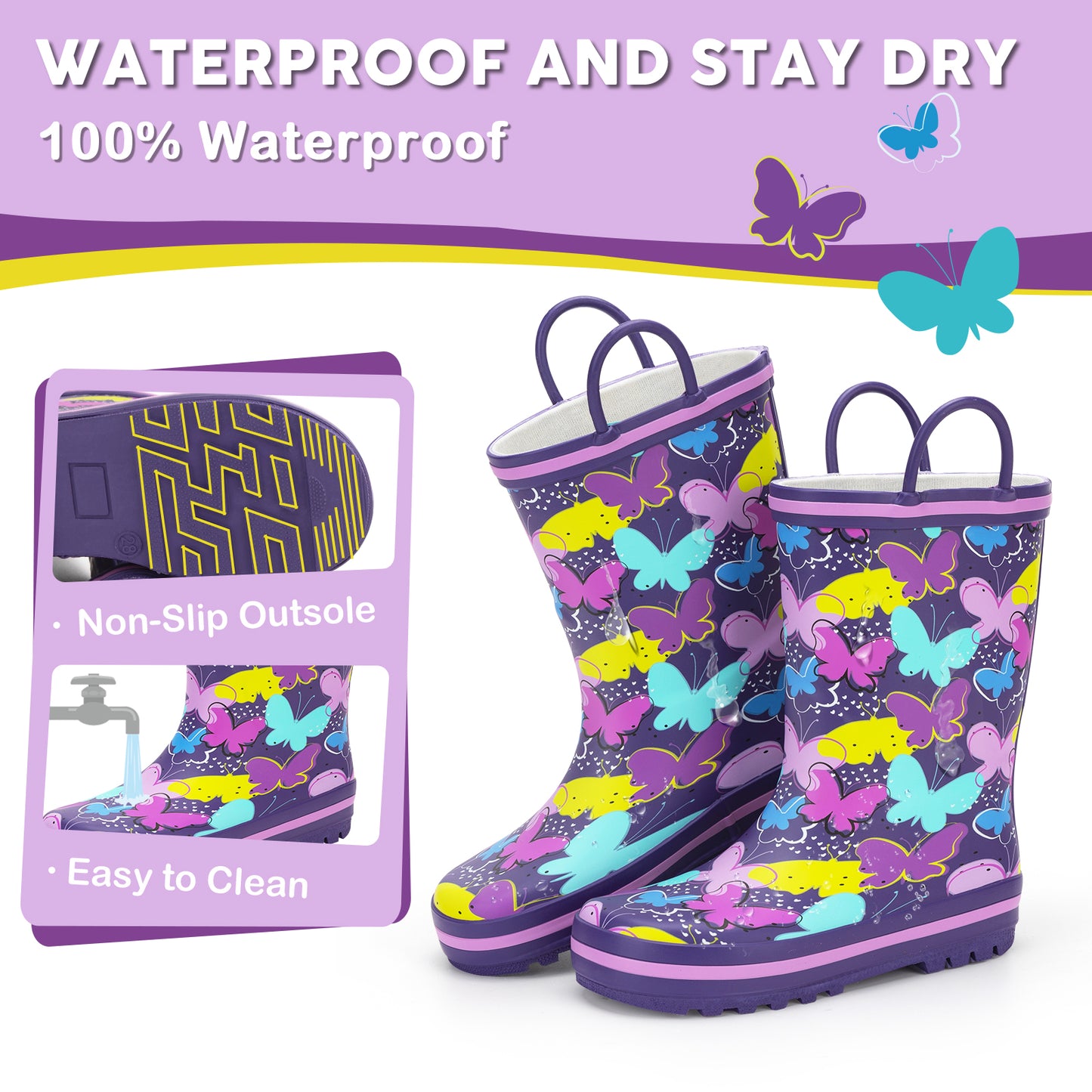 children's rain boots with butterfly pattern on a white background, featuring text about waterproof properties.