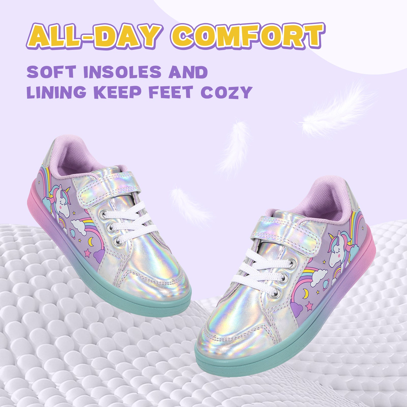 Iridescent sneakers with unicorn designs on a white background