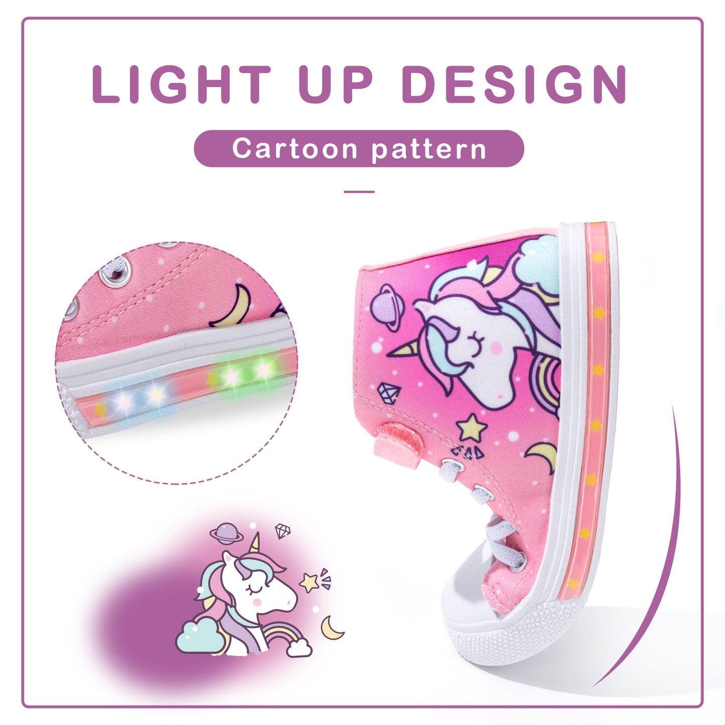 Velcro Pink Unicorn Light Up High Top Canvas Sneakers