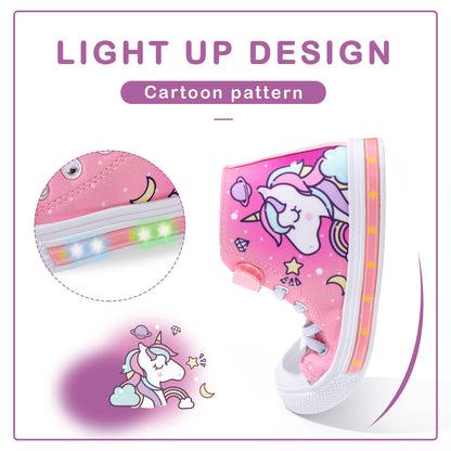 Velcro Pink Unicorn Light Up High Top Canvas Sneakers