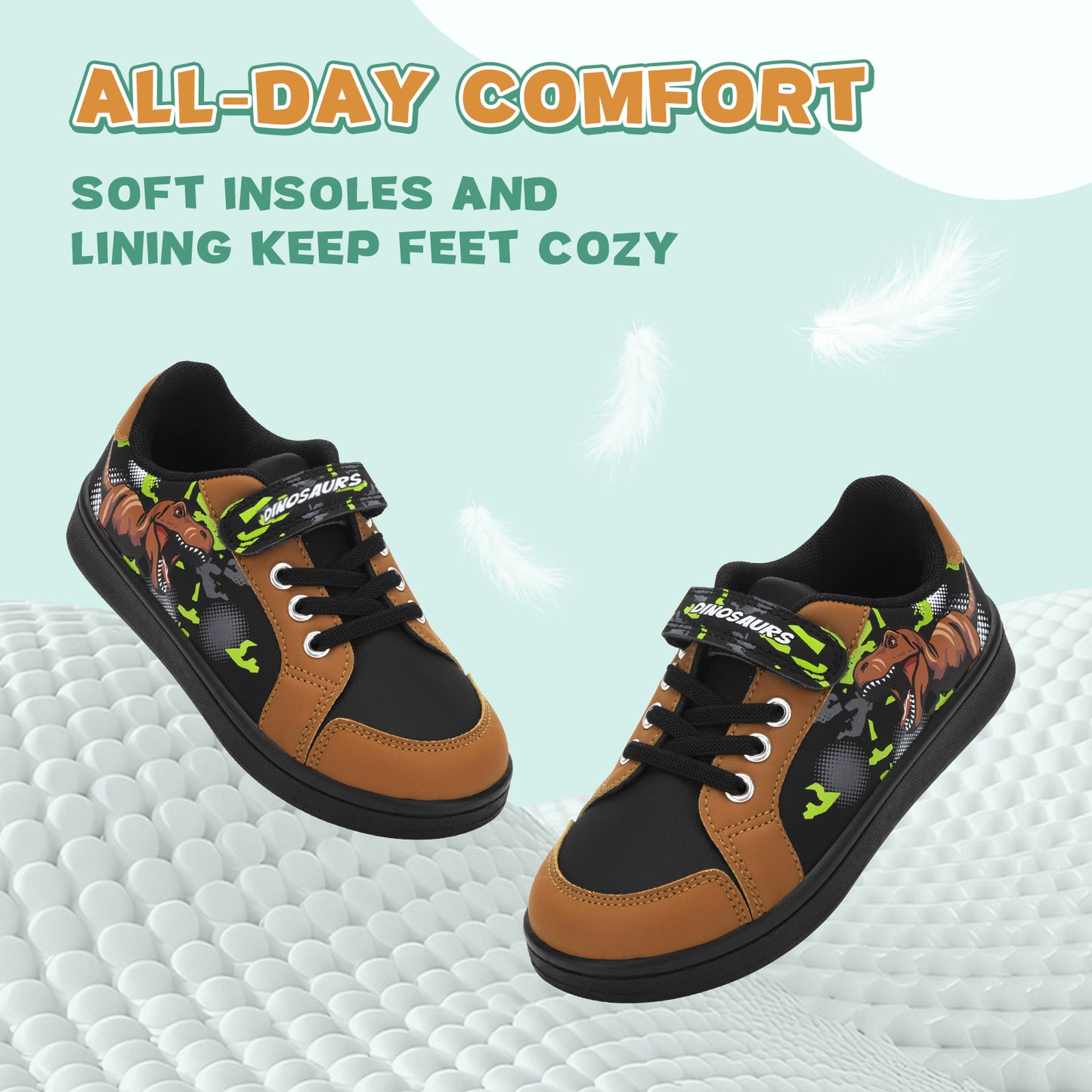 pair of brown and black shoes with floral patterns on a textured surface, featuring text about comfort and insoles.