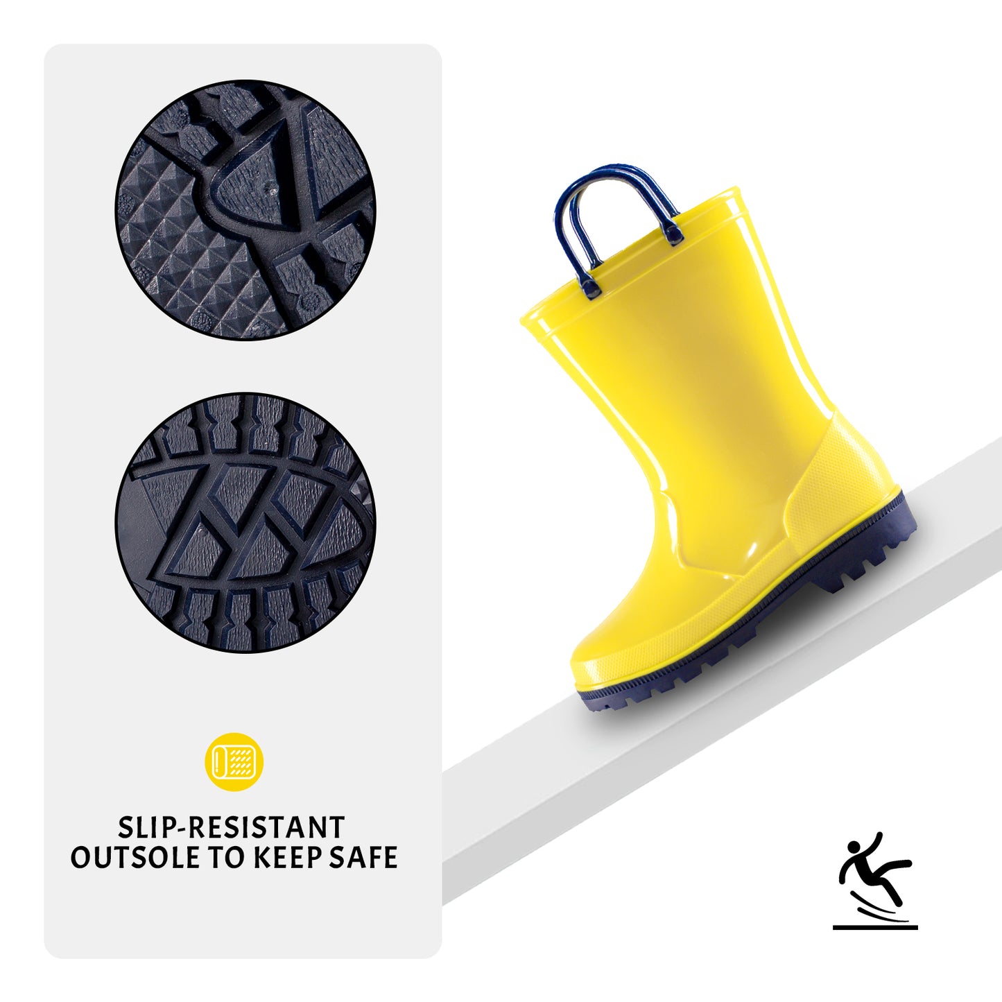 Toddler Kids Rain Boots for Girls Boys Contrast Yellow Waterproof Rain Shoes with Handles