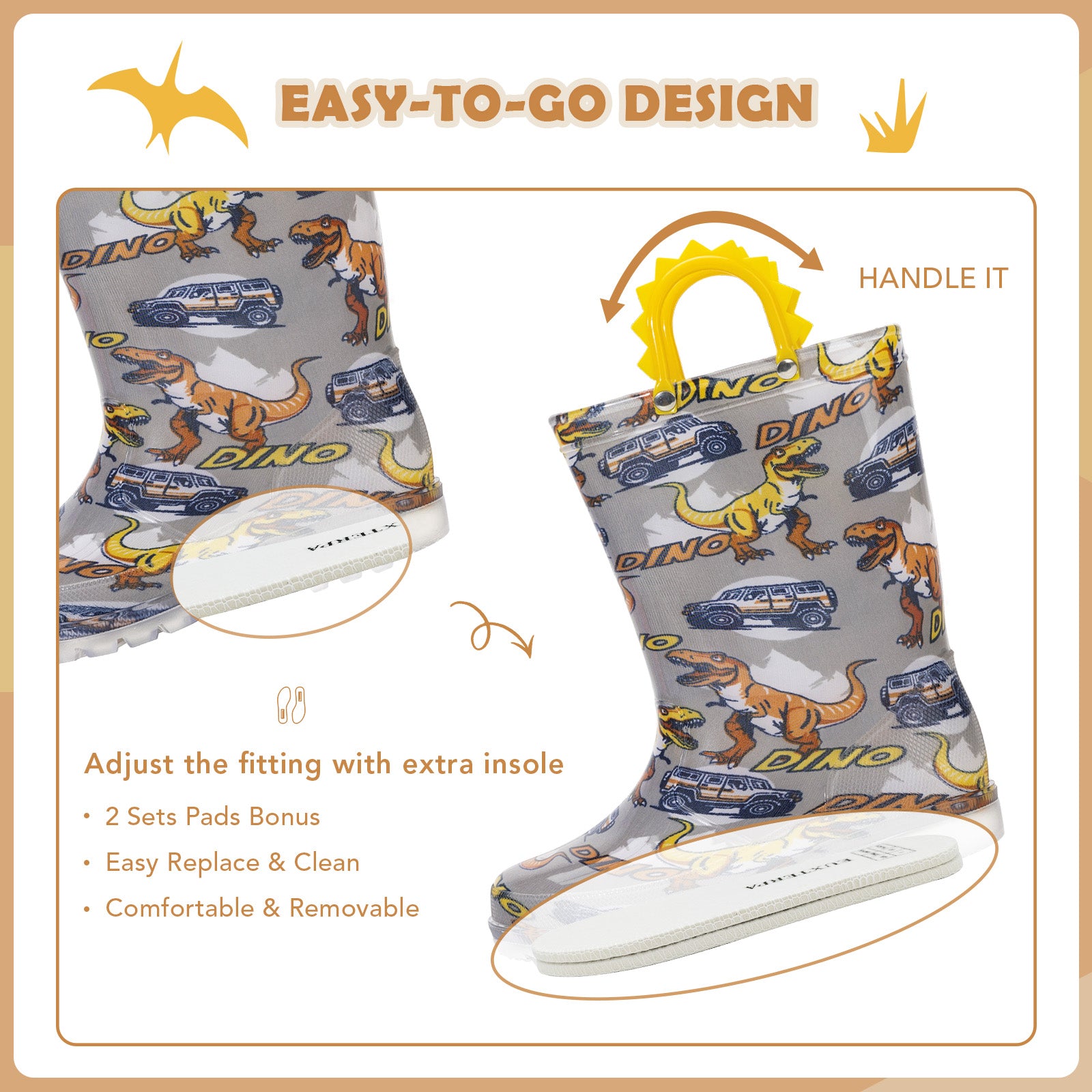 Children's rain boots with dinosaur and car pattern, featuring an easy-to-go design with adjustable insole.