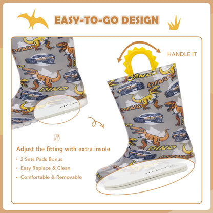 Children's rain boots with dinosaur and car pattern, featuring an easy-to-go design with adjustable insole.