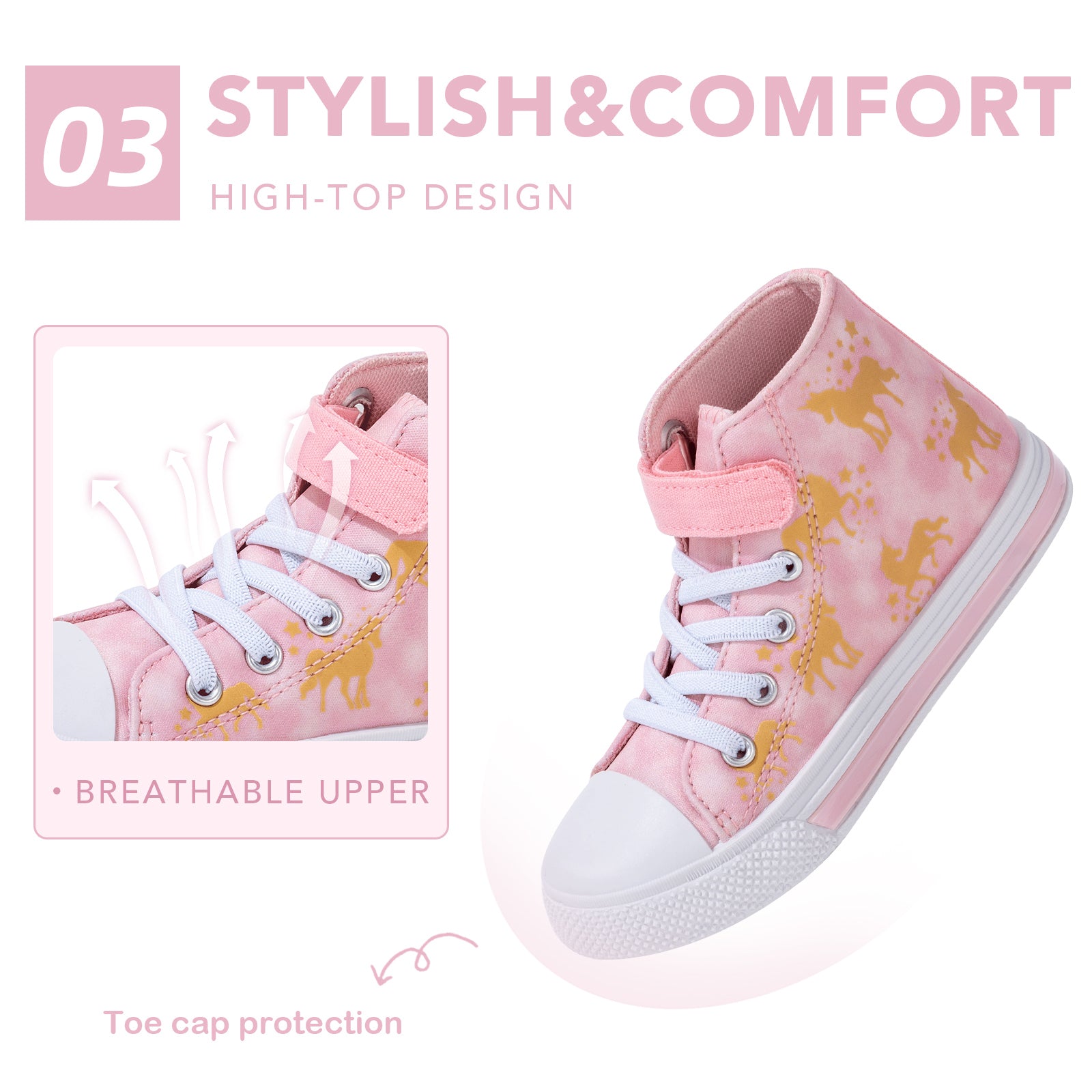 Velcro Glod Unicorn Light Up High Top Girls Sneakers - FUNCOO