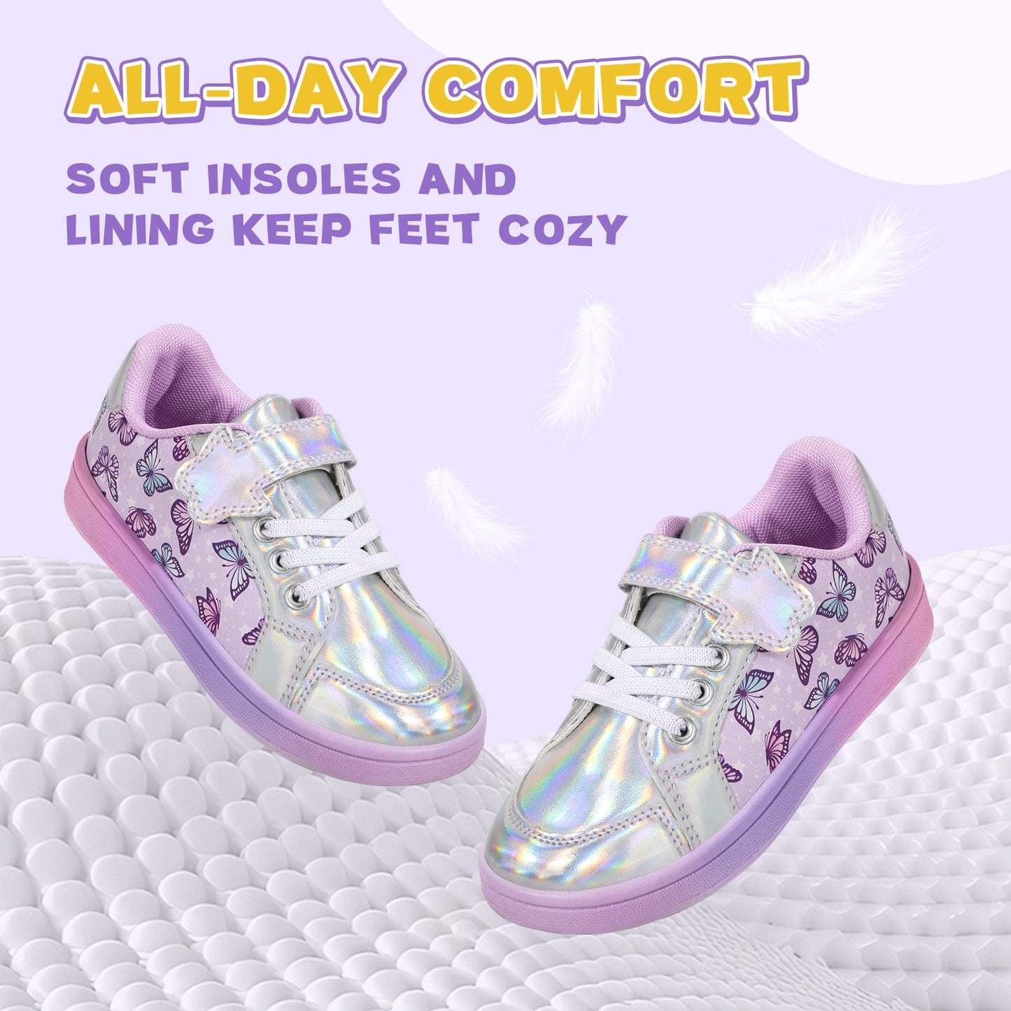 iridescent sneakers with pink accents on a textured white surface, featuring text about comfort and soft insoles.
