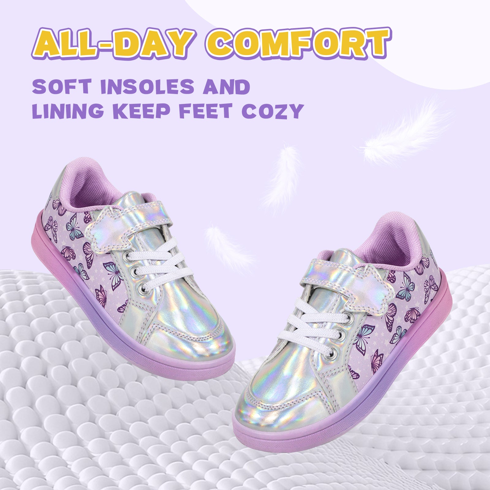 Iridescent sneakers with pink accents on a textured white surface, featuring text about comfort and soft insoles.
