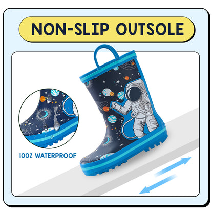 Children's rain boot with space design and non-slip sole feature on a white background