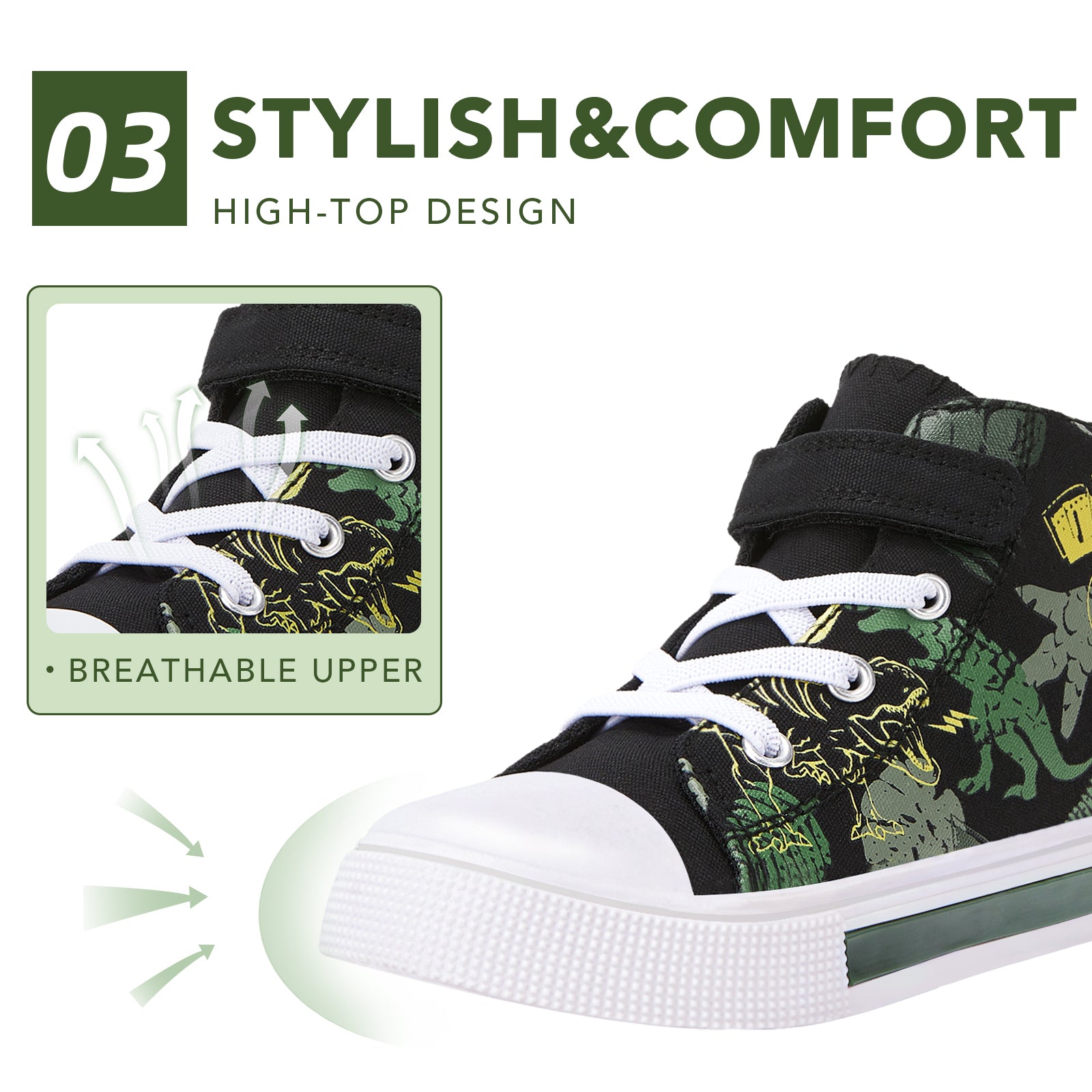 Green Dinosaur High Top Kids Sneakers - FUNCOO