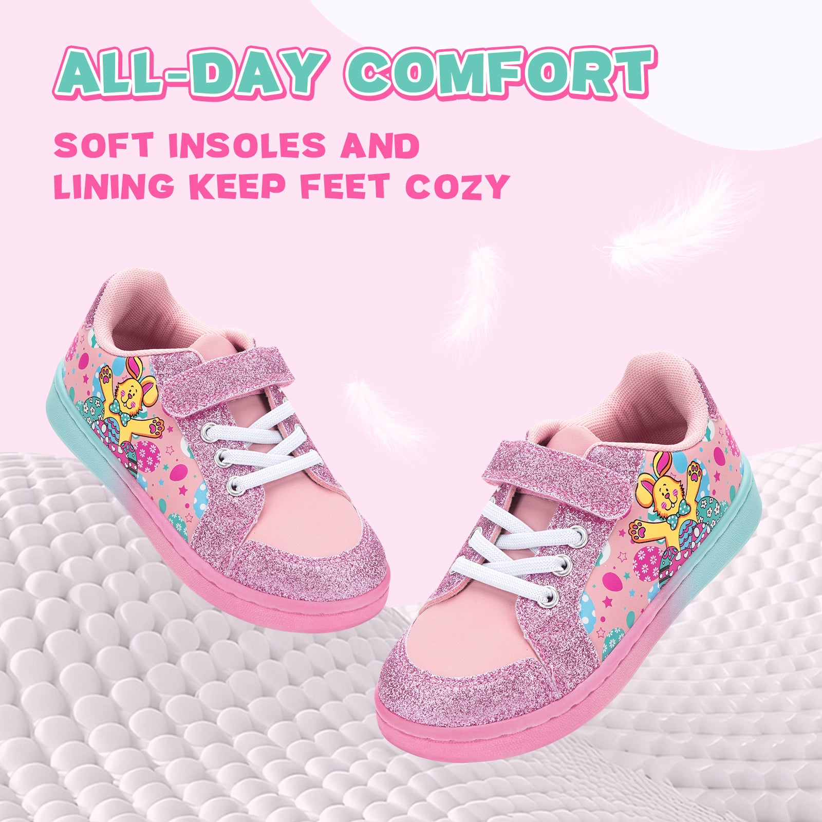 Pink children's shoes with cartoon characters on a pink background, featuring text about comfort and soft insoles.