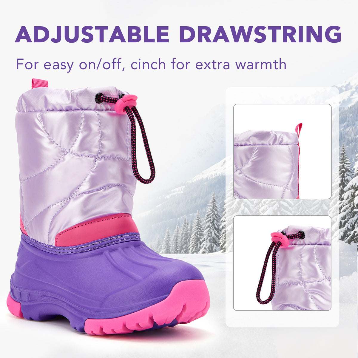 toddler boy purple and pink color-blocking winter snow boots