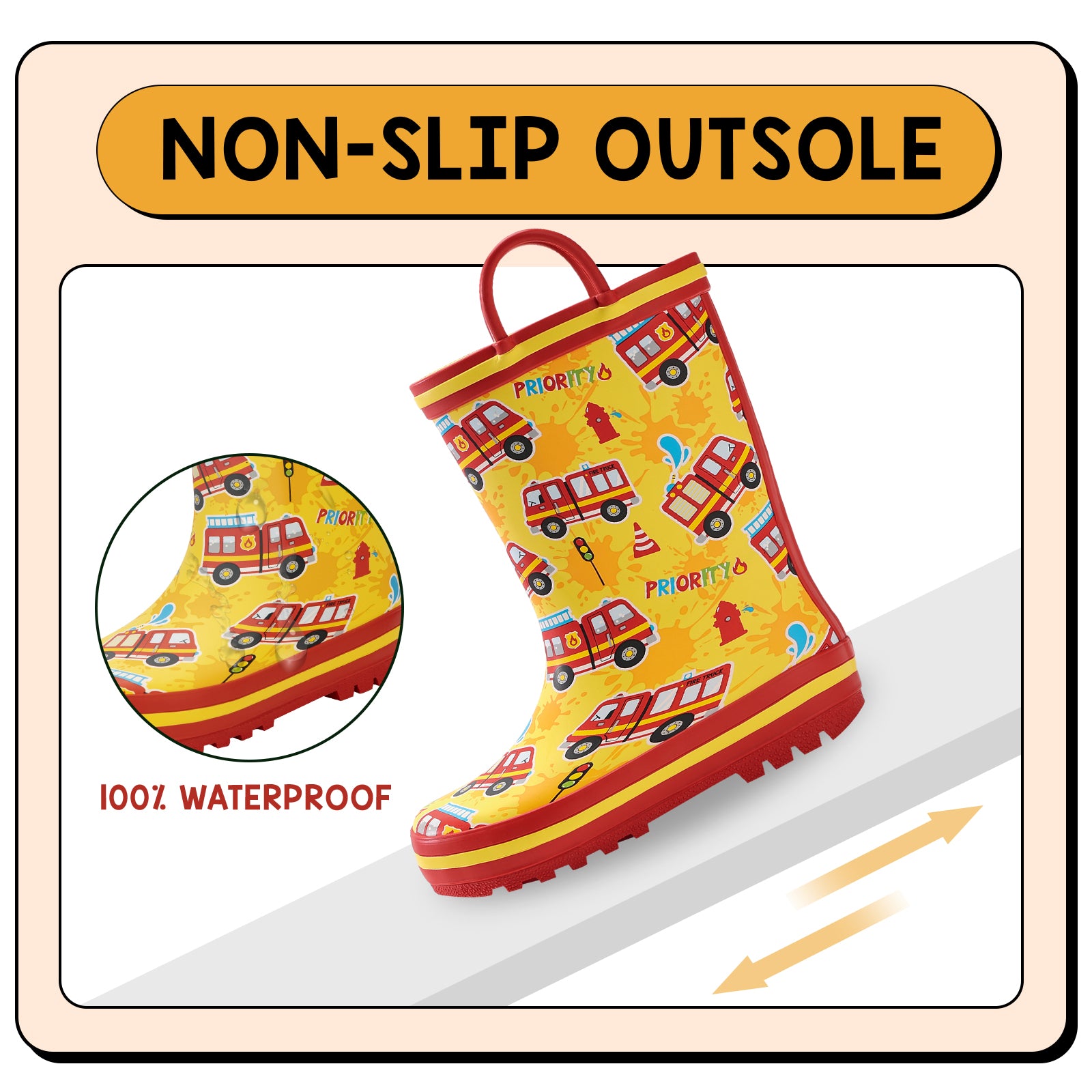Yellow rain boot with fire truck pattern on a white background, featuring 'Non-Slip Outsole' and '100% Waterproof' text.