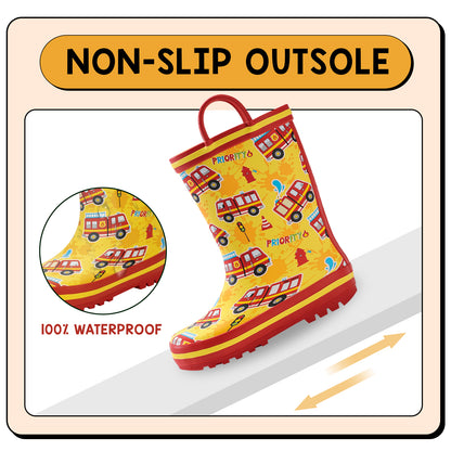 Yellow rain boot with fire truck pattern on a white background, featuring 'Non-Slip Outsole' and '100% Waterproof' text.
