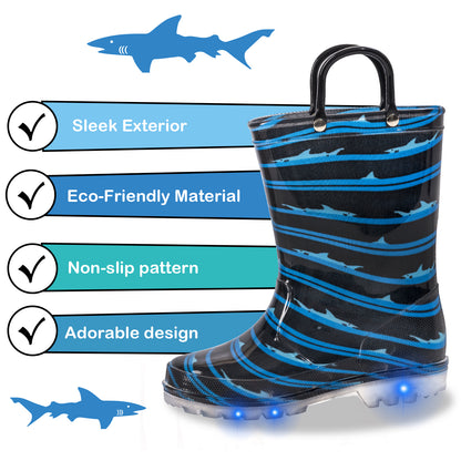 Blue Black Shark Light Up Waterproof Rain Boots with Handles