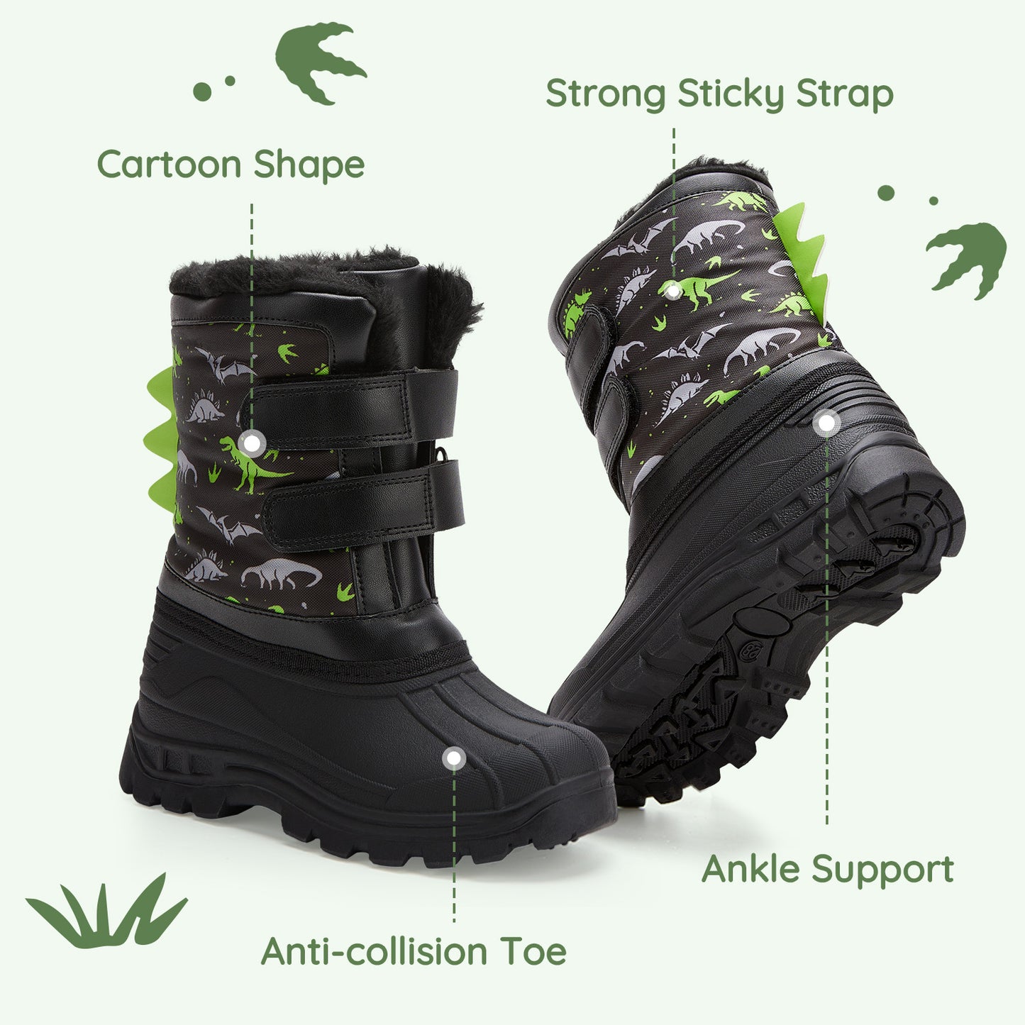 toddler girls grey-green dinosaur on a black background winter snow boots