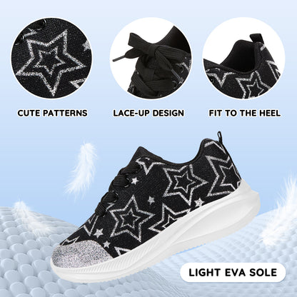 Girls Sneakers Kids Lightweight Running Shoes Black-Silver Star