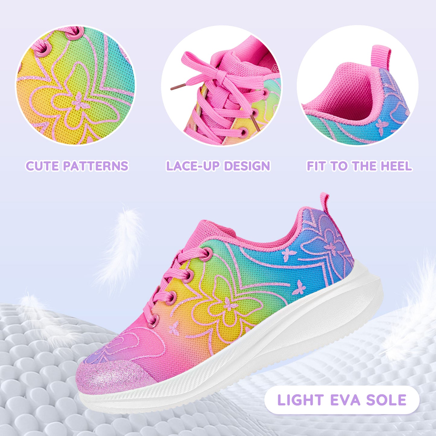 girls sneakers kids lightweight running shoes butterfly with a gradient of purple, pink, yellow, and green.