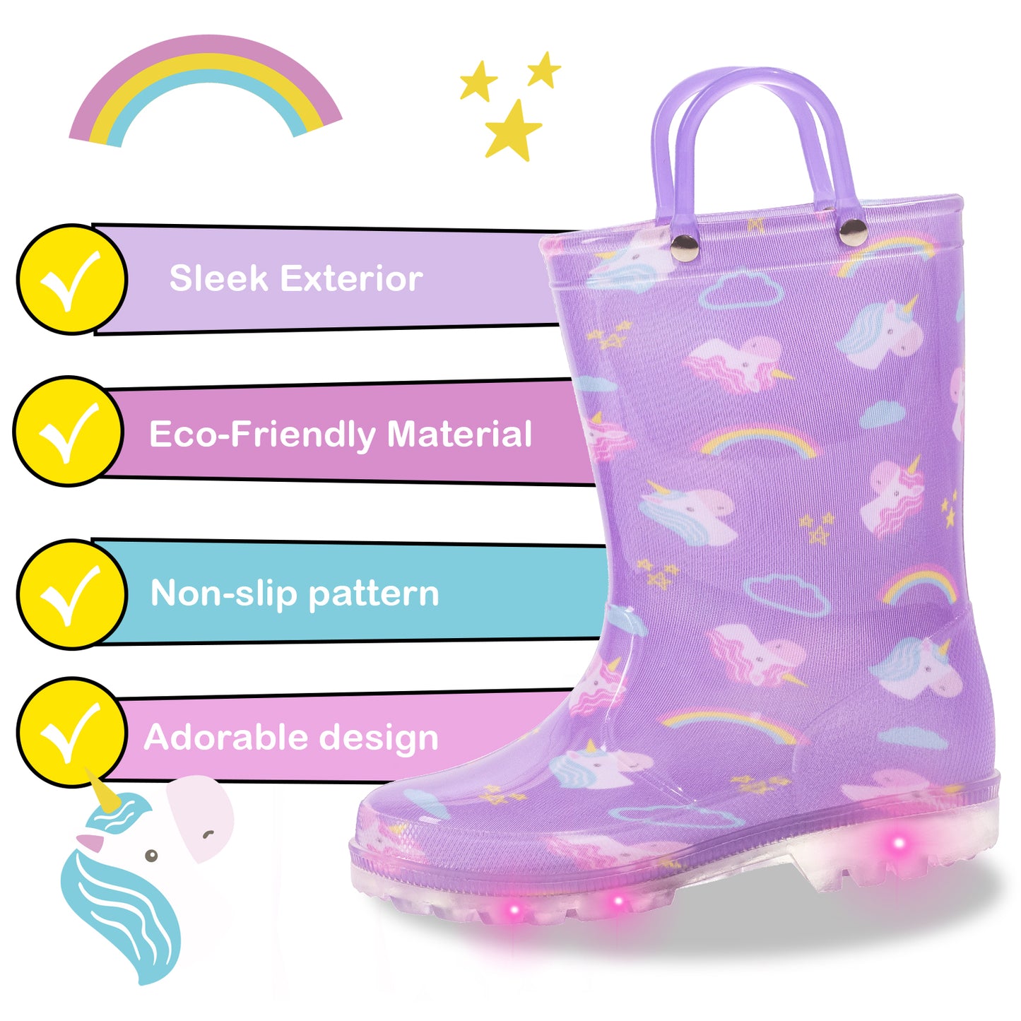 Purple Unicorn Light Up Waterproof Rain Boots with Handles