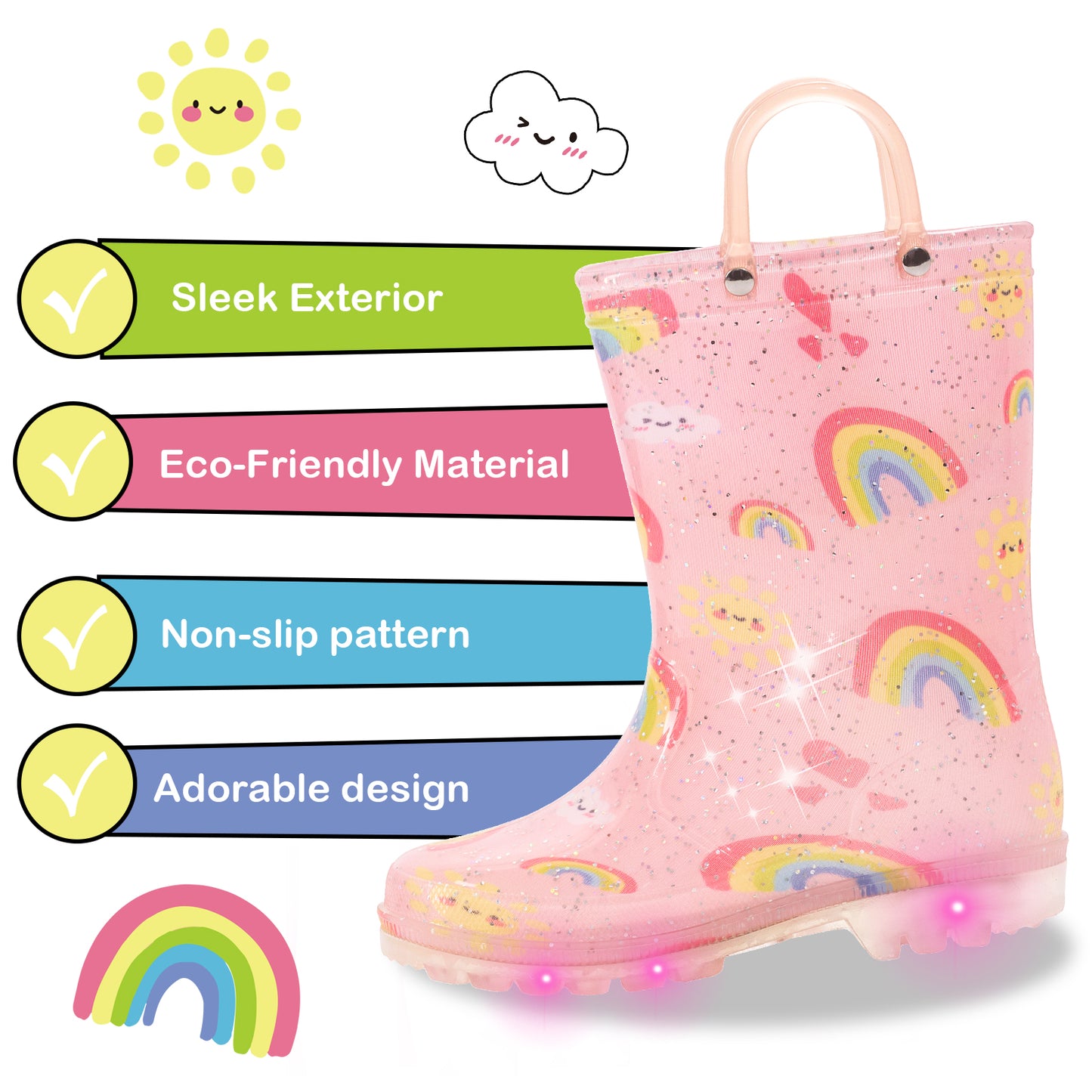 Pink Rainbow Light Up Waterproof Rain Boots with Handles