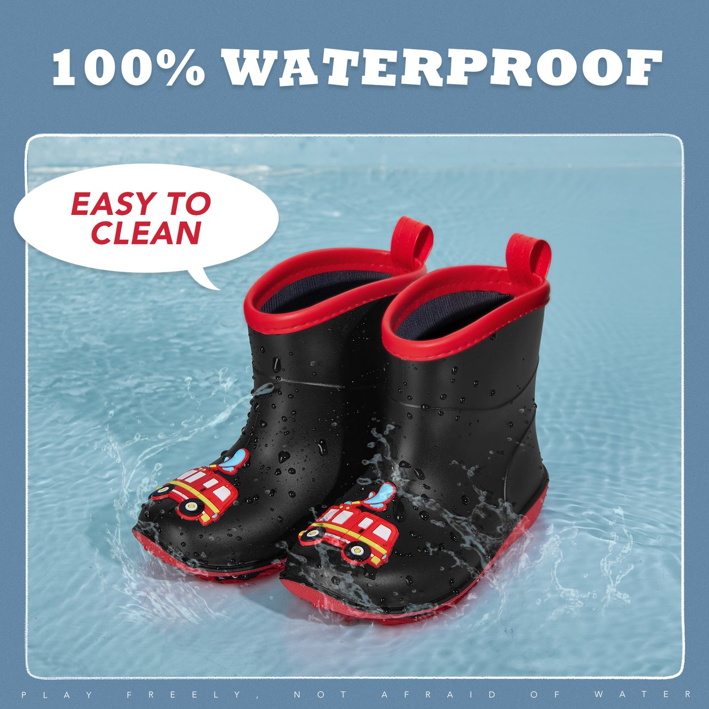 kids-toddler black car cartoon kids rain boots