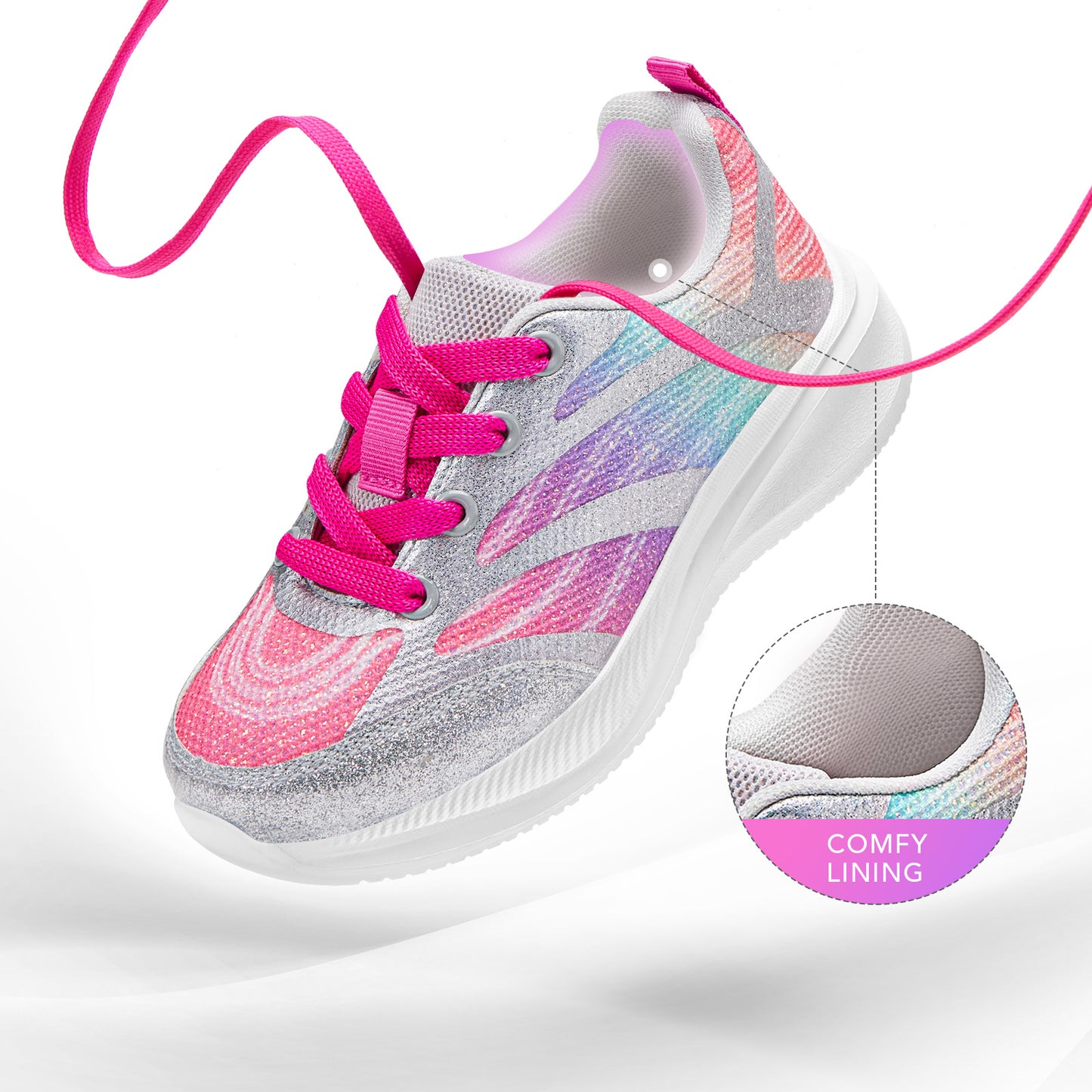girls sneakers kids lightweight running shoes silver-gray lines with a purple-to-green gradient