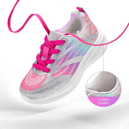 Girls Sneakers Kids Lightweight Running Shoes Silver-gray lines with a purple-to-green gradient