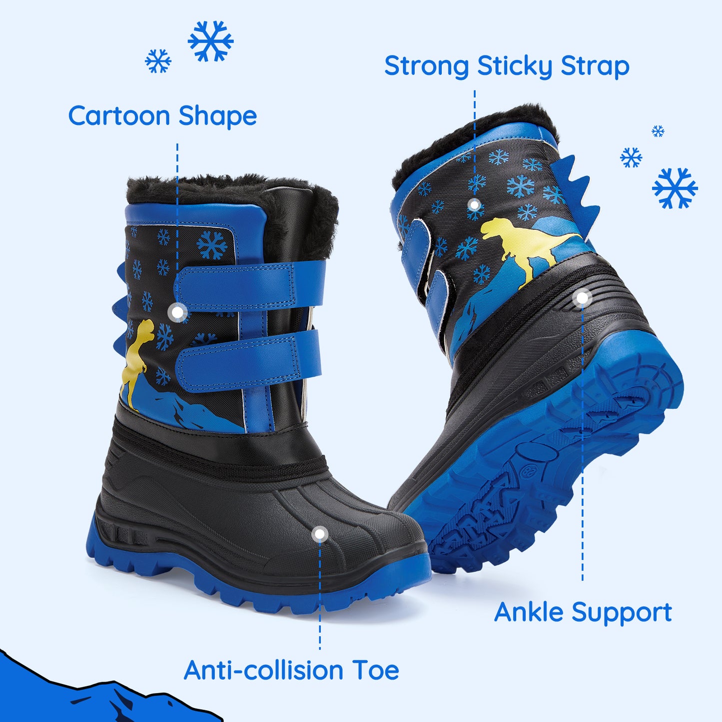toddler girls yellow dinosaur with snowflakes on a blue background winter snow boots