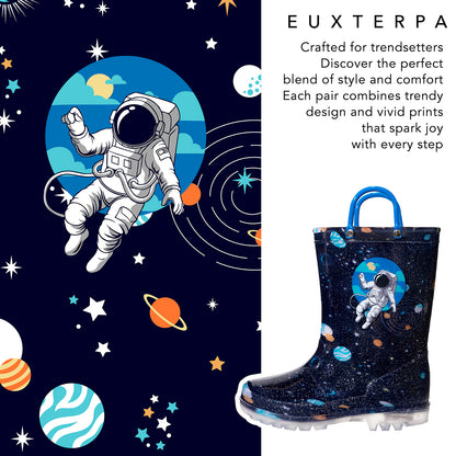 Children's rain boot with astronaut design on a space-themed background
