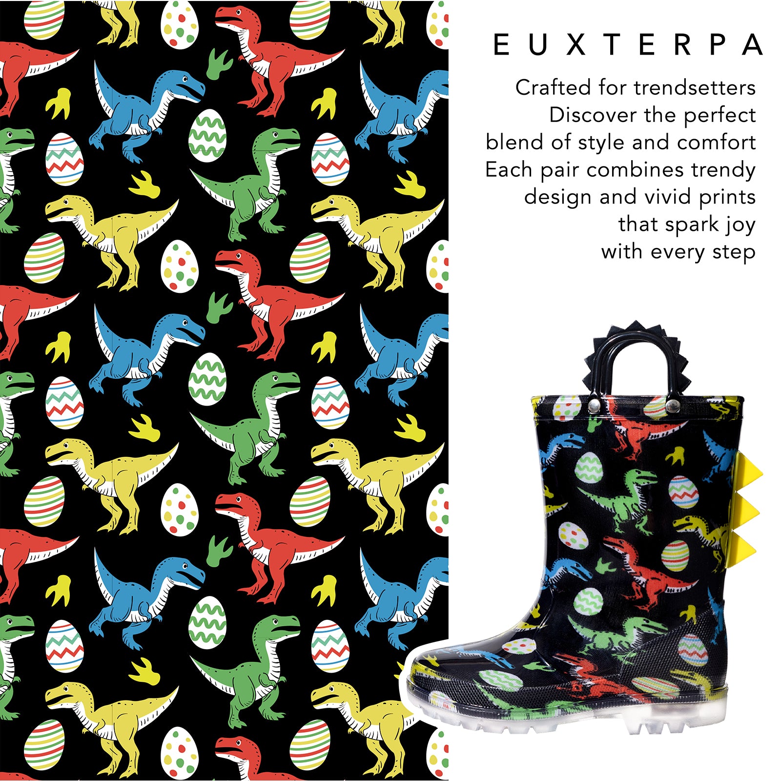 Children's rain boot with dinosaur pattern on a black background