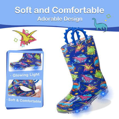 Children's rain boots with dinosaur pattern and glowing light feature, displayed with packaging.