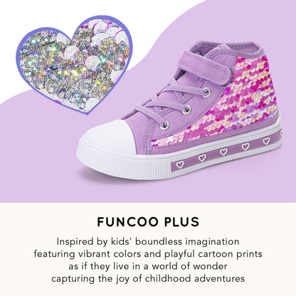Purple high-top sneaker with sequin heart design on a purple background, featuring the brand 'Funcoo Plus'.