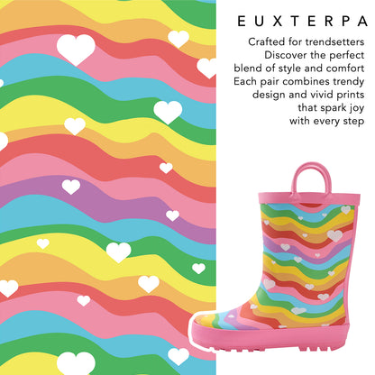 Colorful rain boot with rainbow pattern and hearts on a matching background, featuring EUXTERPA branding.