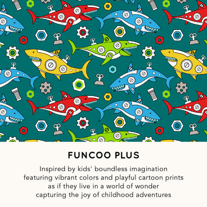 Colorful pattern of cartoon sharks and gears on a blue background with 'Funcoo Plus' branding.