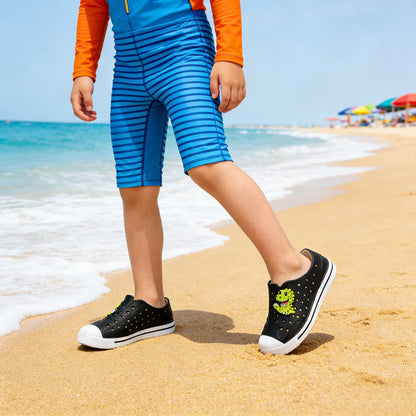 Kids Green Dinosaur Summer Sandals - Solid Black Dino Beach Shoes - FUNCOO