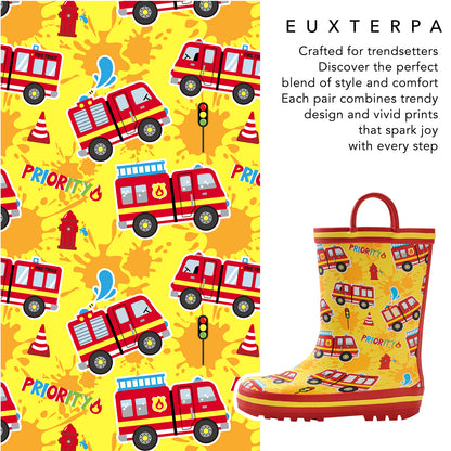 Children's rain boot with fire truck pattern on a yellow background