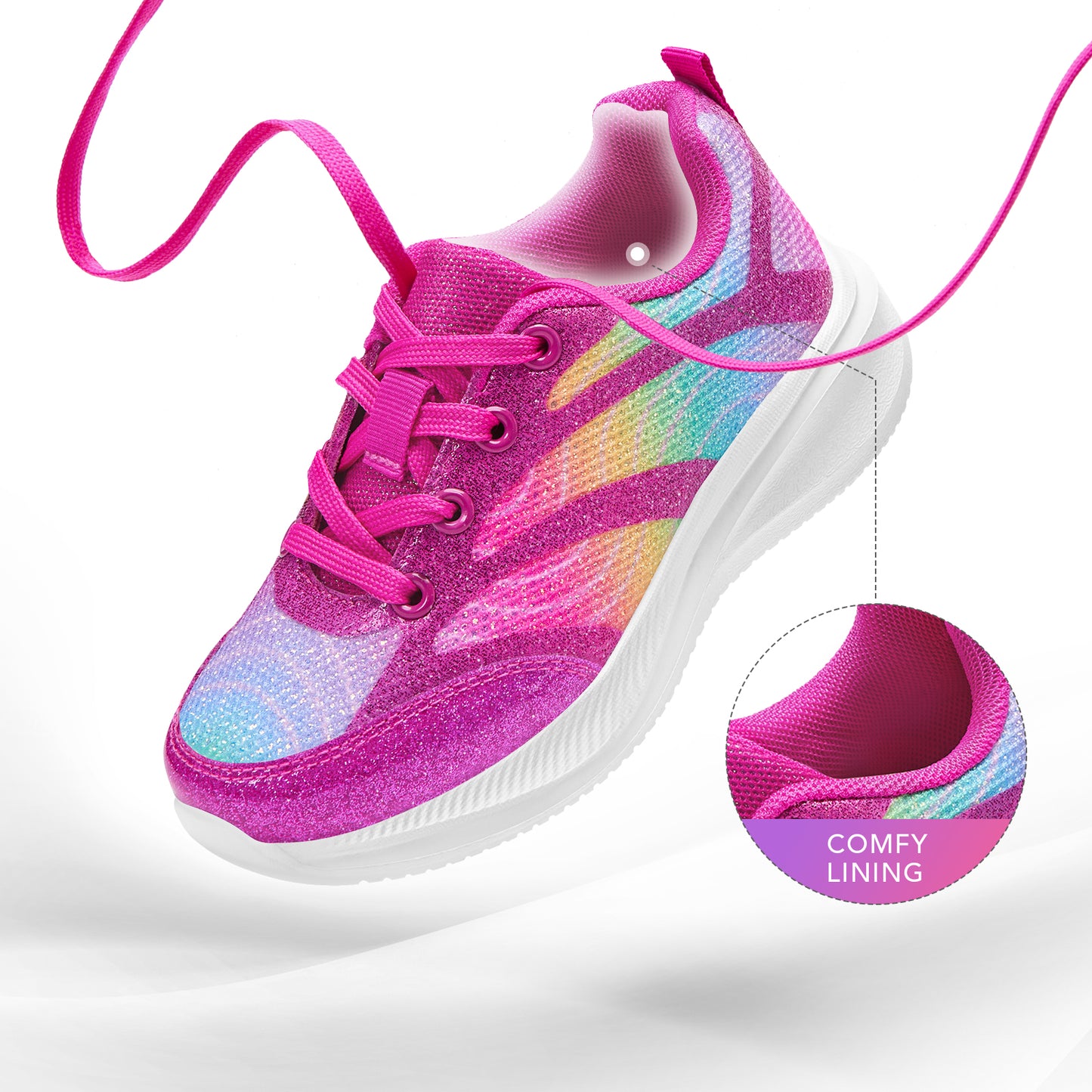 girls sneakers kids lightweight running shoes magenta lines with a rainbow gradient