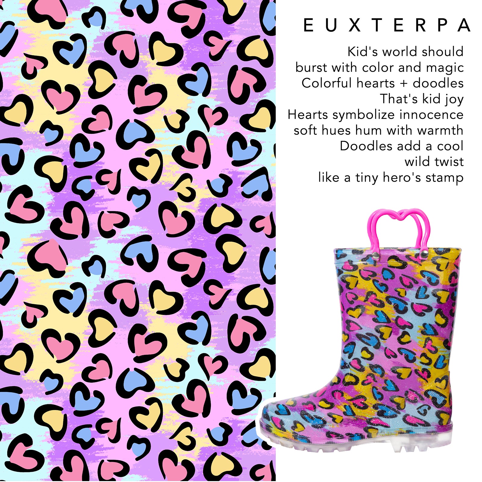 Colorful rain boot with heart and doodle pattern next to text about the product's design and meaning.