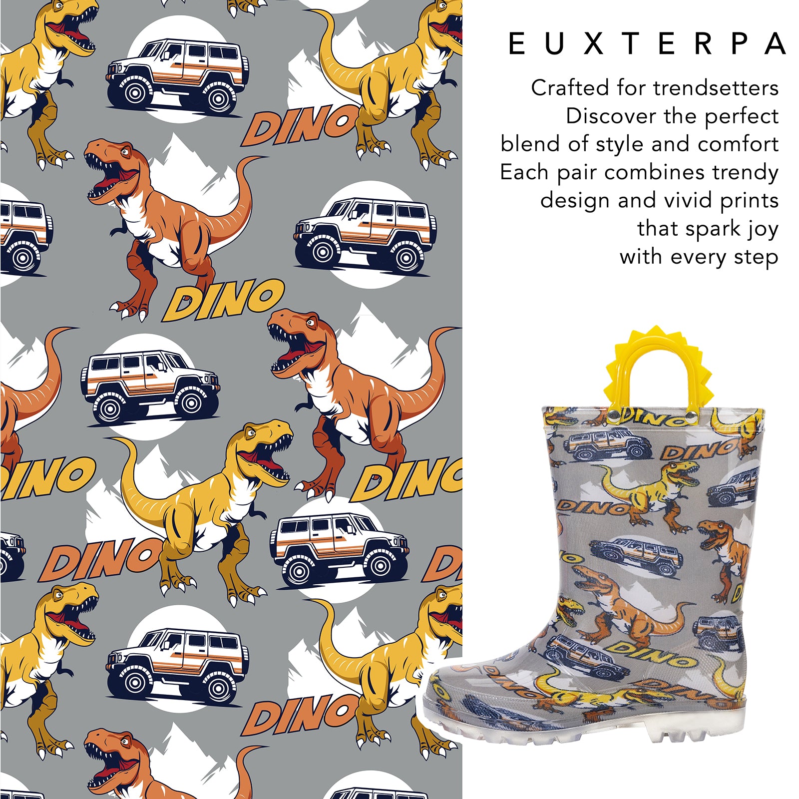 Children's rain boot with dinosaur and car pattern on a matching fabric background