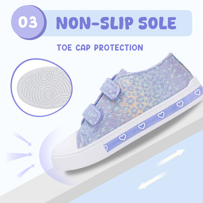 Children's shoe with non-slip sole and toe cap protection on a light blue background